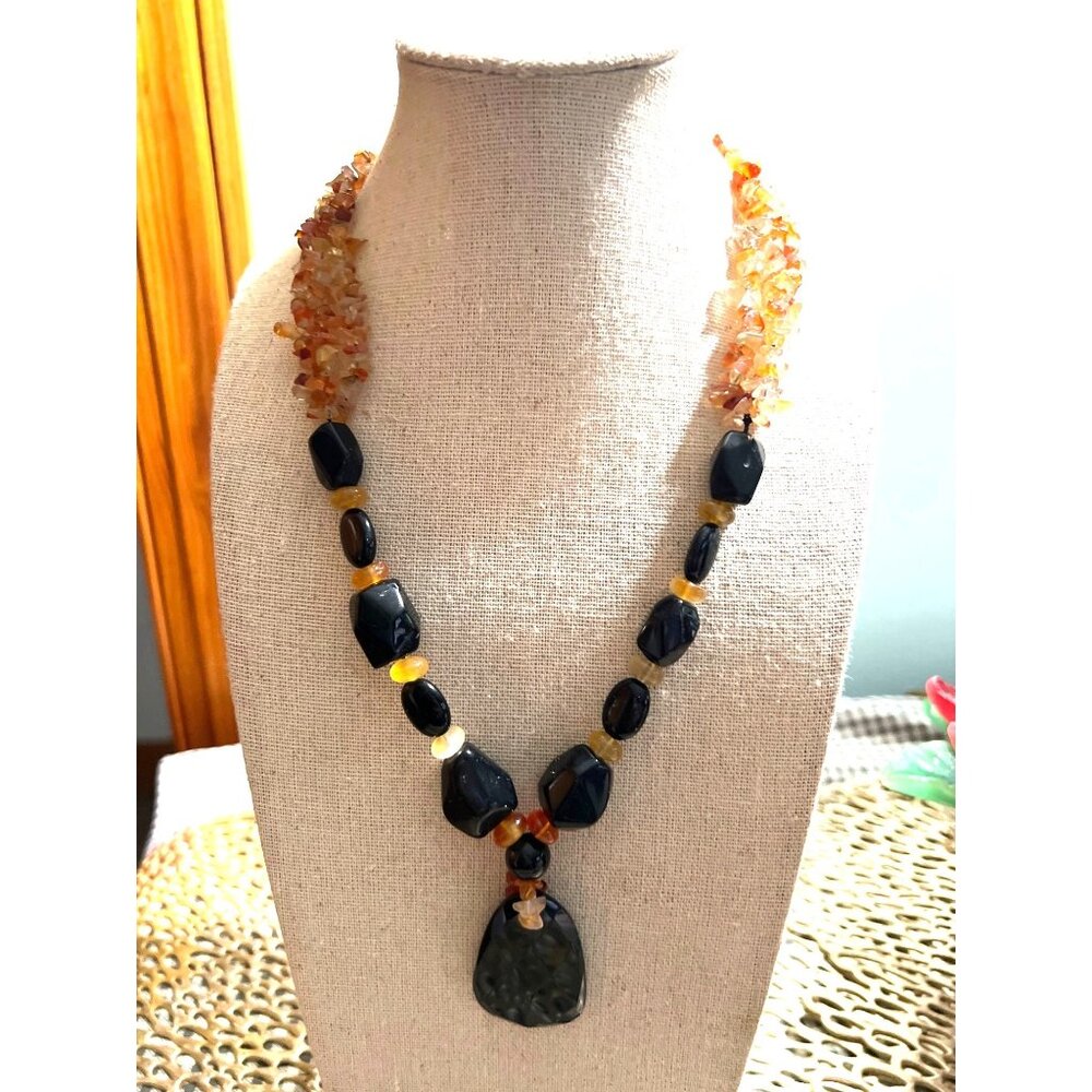 Fire Opal and Onyx Artisan Bead Necklace
